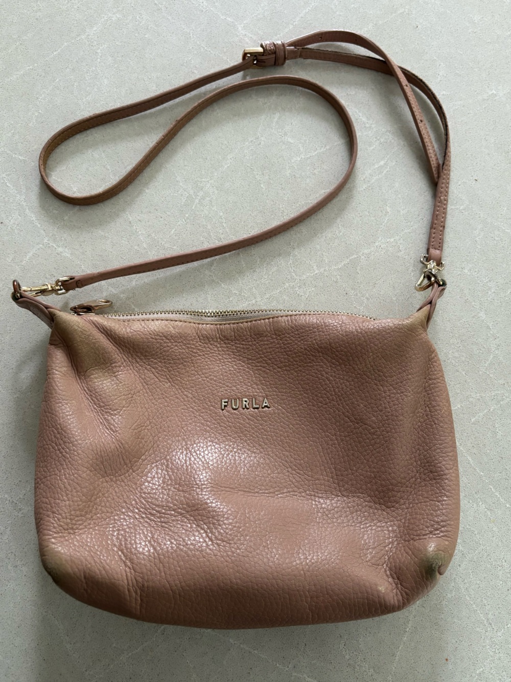 Furla Pebbled Leather Crossbody in Mauve Pink with Gold Hardware Luxury FLAWS